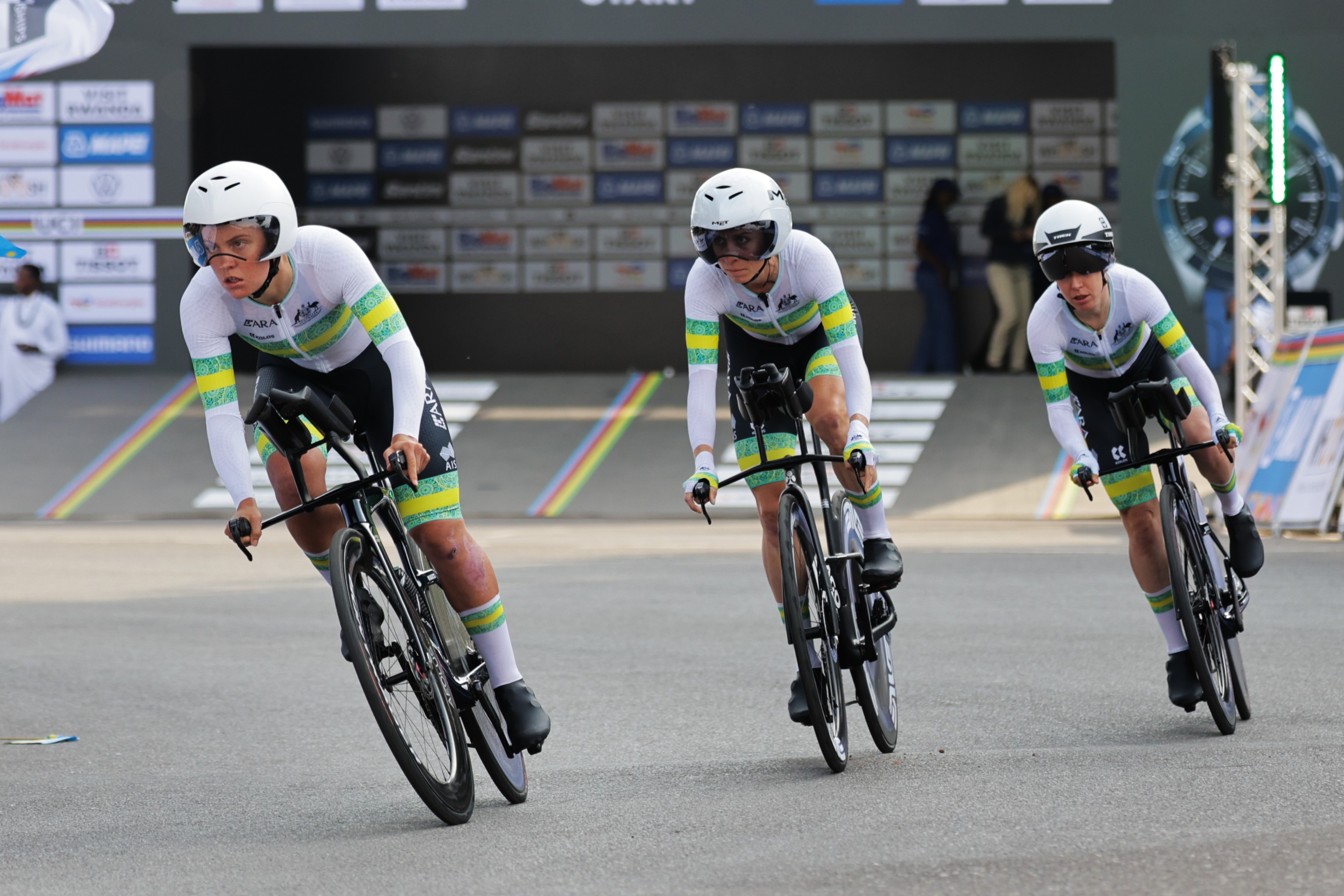 Felicity Wilson-Haffenden, Brodie Chapman and Amanda Spratt represent the ARA Australian Cycling Team at a UCI Road World Championships